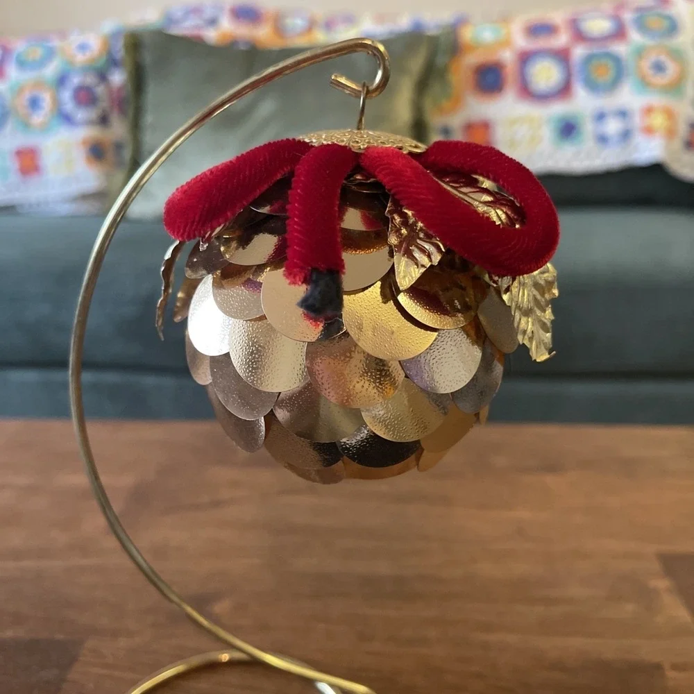 2 Handcrafted Push Pin Bead Sequin Satin Ball Christmas Ornaments Vtg Green Gold